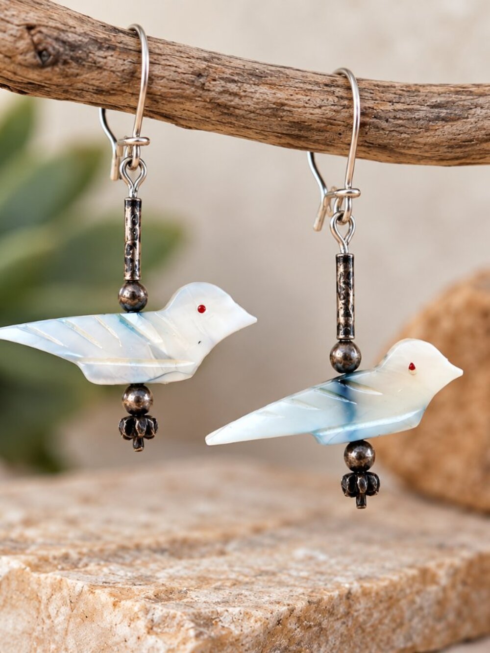 Vintage Native American Zuni Mother of Pearl Bird Fetish Dangle Earrings